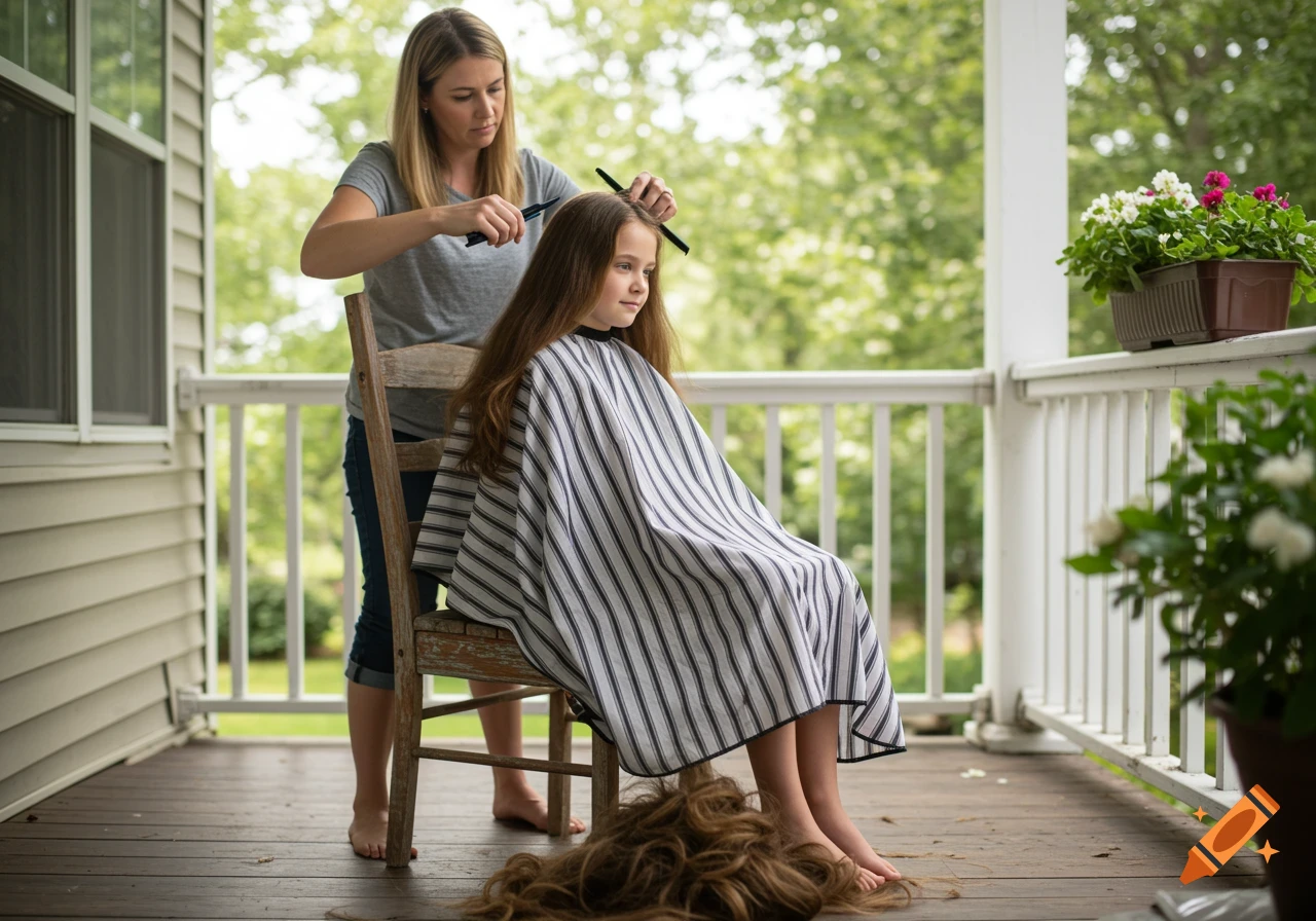 A mother cuts her daughter's long brown hair on a front porch. The daughter wears a barber cape, and cut hair lies on the wooden floor.