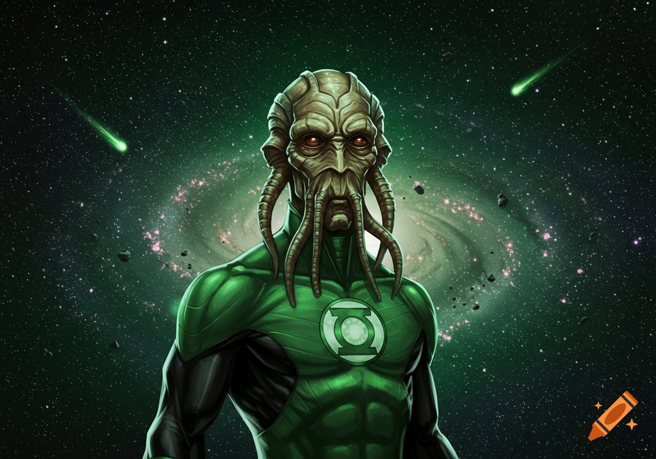 An alien Green Lantern with a tentacled face in a green uniform stands before a starry green galaxy.