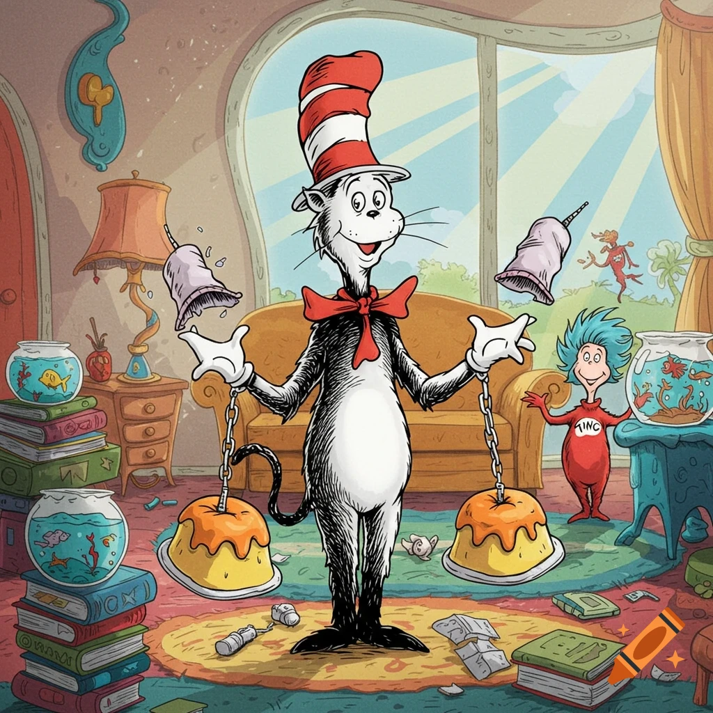 The Cat in the Hat juggles cups while chained to puddings, Thing 1 stands by in a messy, whimsical room.