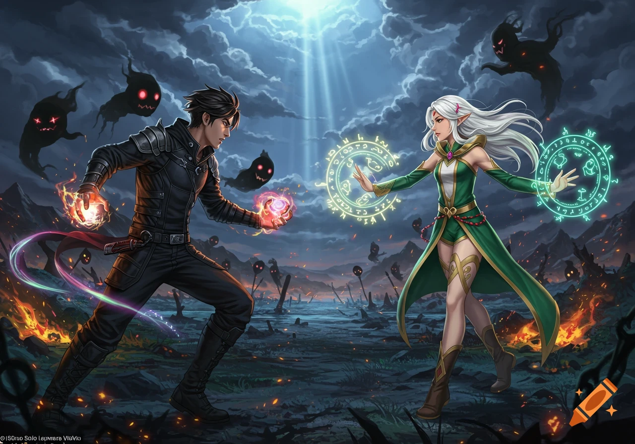 Two magic users, a man in black and a white-haired elf woman in green, battle shadow creatures in a desolate, fiery landscape under a moonlit sky.
