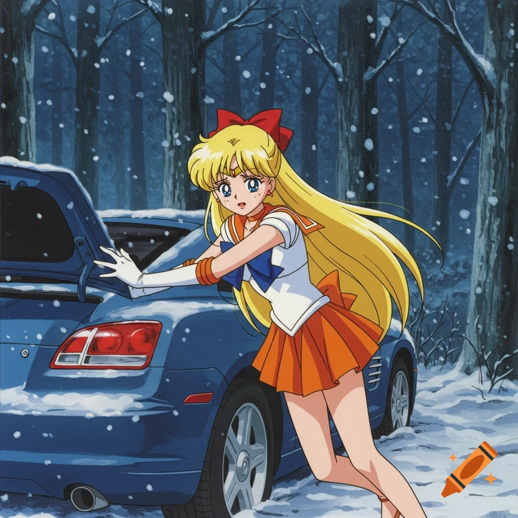 Anime-style Sailor Venus in her uniform pushing a blue car stuck in deep snow in a dark, snowy forest.