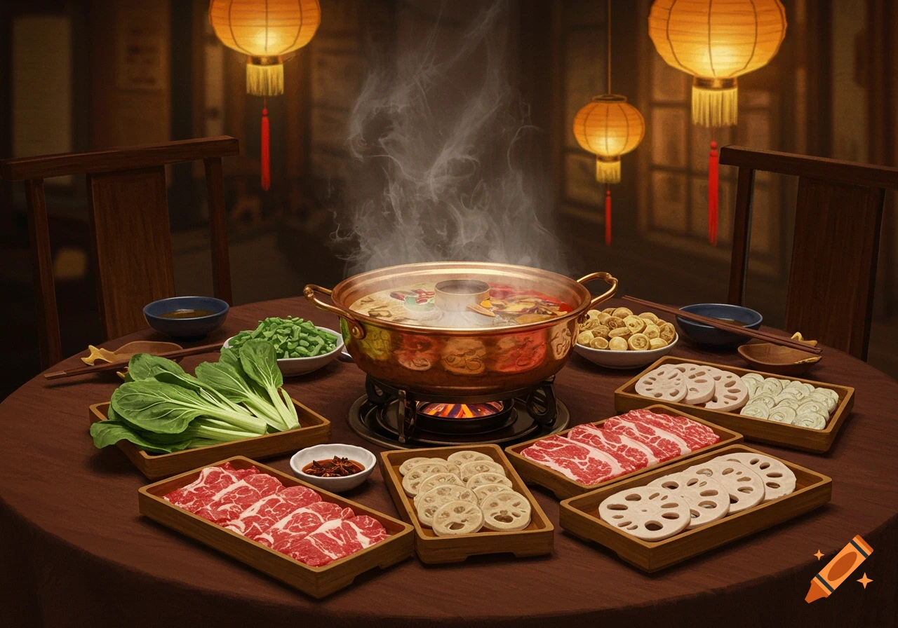 A steaming Chinese hot pot surrounded by raw meat, vegetables, lotus root, and dumplings on a table lit by lanterns.