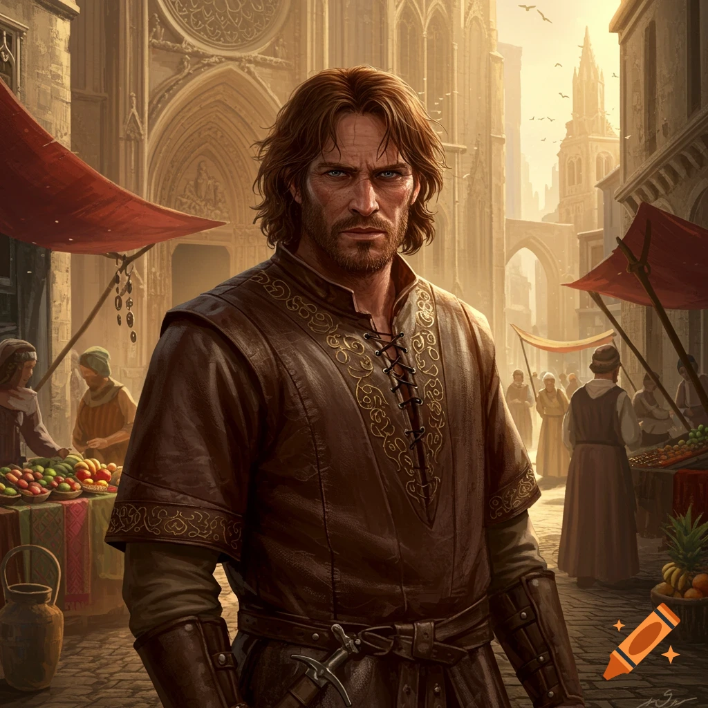 A rugged medieval man with brown hair and an intense gaze stands in a bustling market street with gothic architecture and vendors.