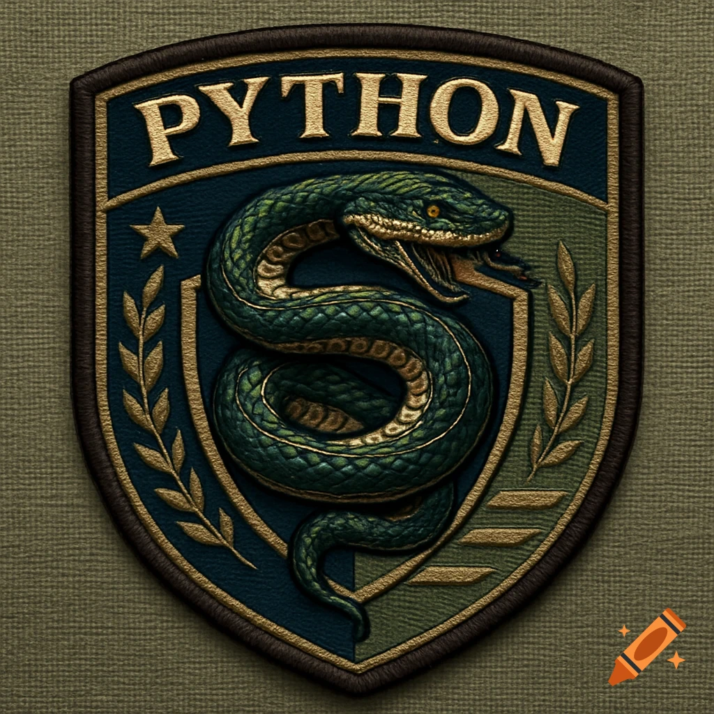 A detailed embroidered military-style patch featuring a coiled green snake and the word PYTHON.