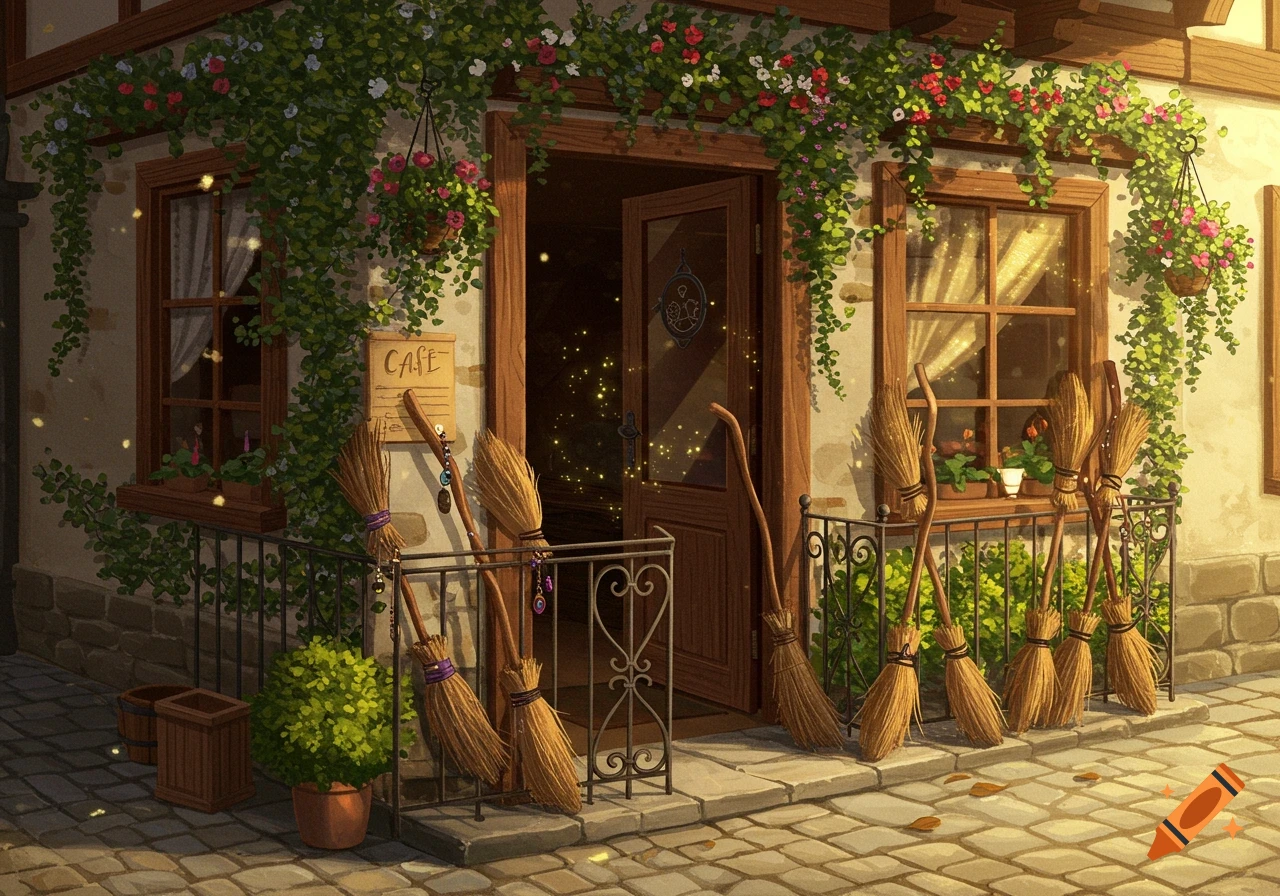 A whimsical, illustrated cafe storefront decorated with flowering vines, with many witches' broomsticks parked outside on a cobblestone path.