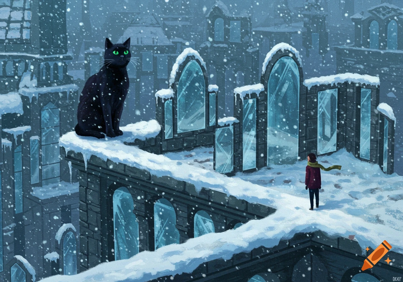 A giant black cat with green eyes sits on snowy ruins overlooking a small person as snow falls. Illustrated fantasy.