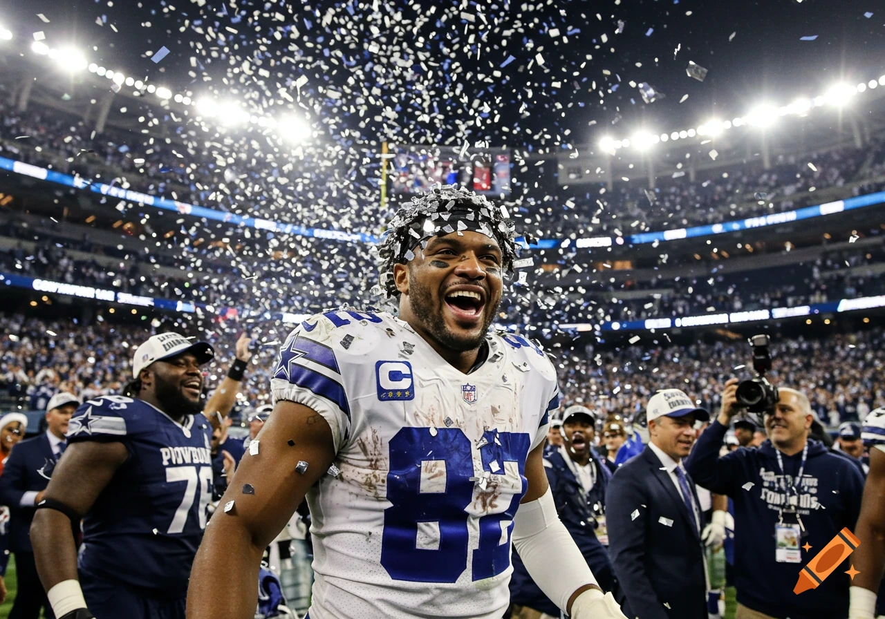 A Dallas Cowboys football player with number 88 on his jersey celebrates on the field as confetti falls, smiling widely.