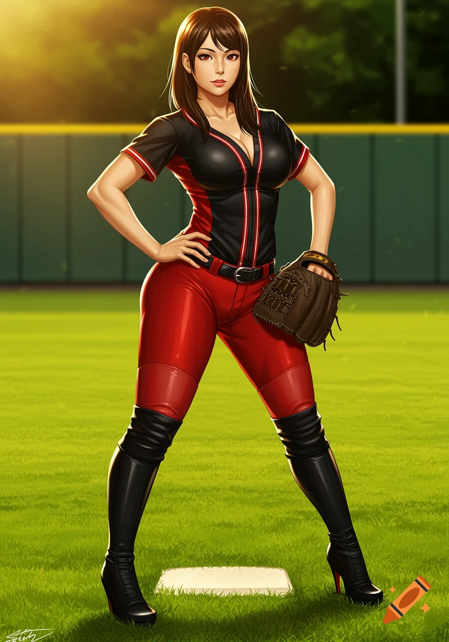 A digital art image of a curvy Japanese softball player in a black and red uniform, red leggings, and black boots, holding a glove on a green baseball field.