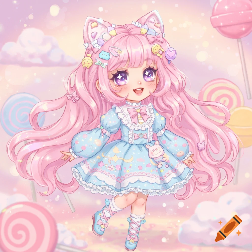 A cute kawaii anime girl with pink hair, cat ears, and a blue dress floats in a dreamy pastel world with lollipops.