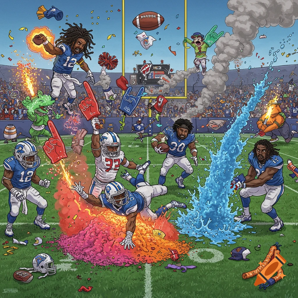 Chaotic cartoon football game with players and mascots, explosions of powder and water, foam fingers flying, and a football spiraling overhead.