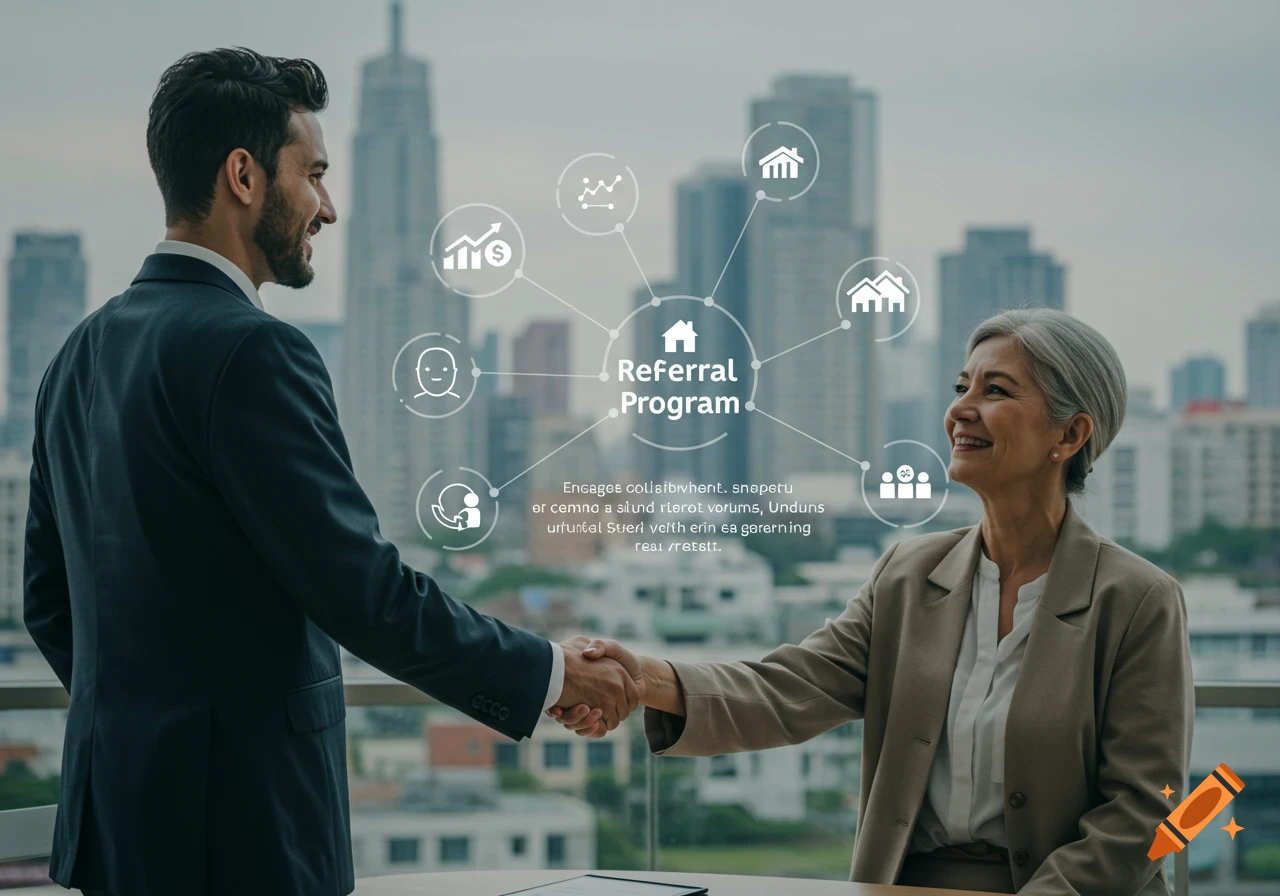 Two smiling business people shaking hands with a 'Referral Program' infographic overlay against a city skyline.