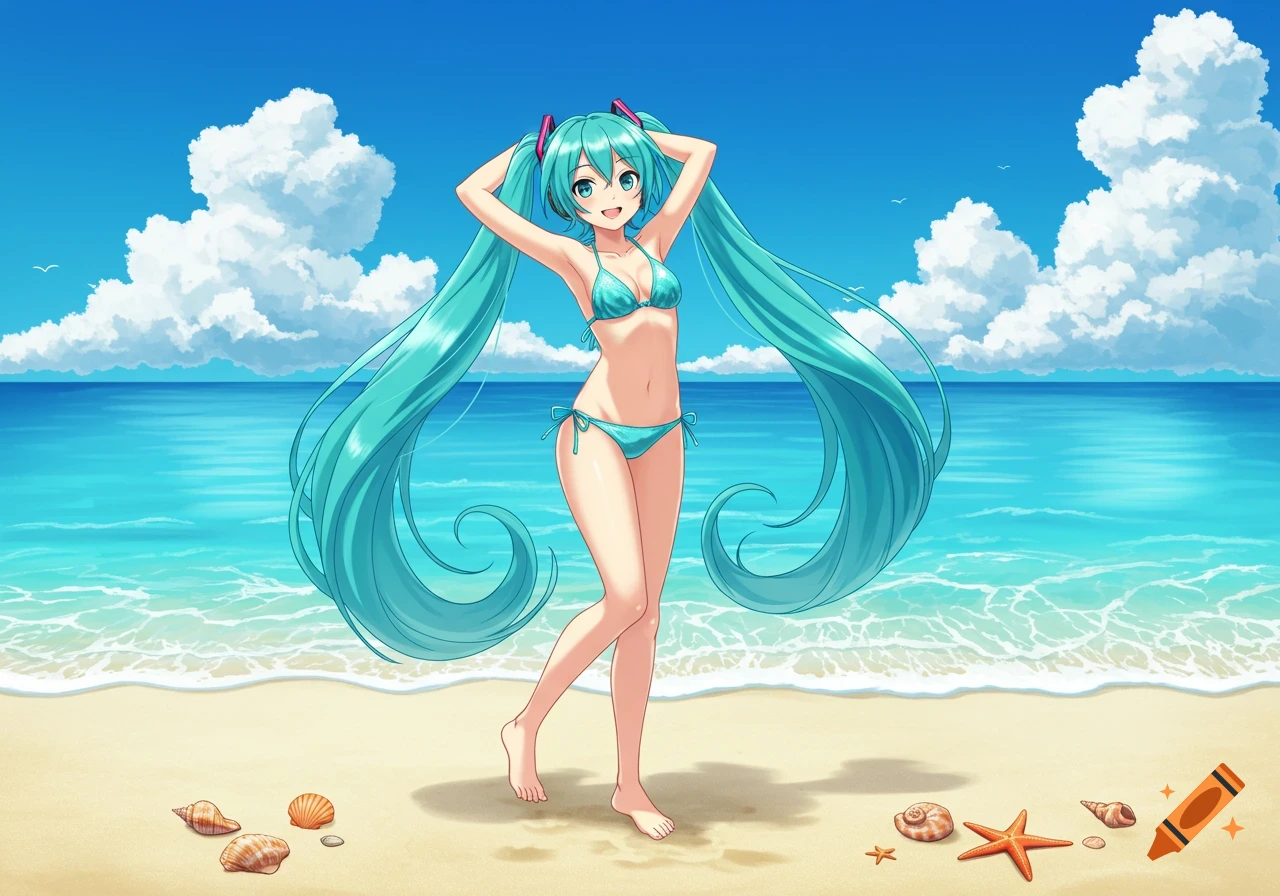 Hatsune Miku in a turquoise bikini stands on a sunny beach with her long twin tails flowing, surrounded by seashells.
