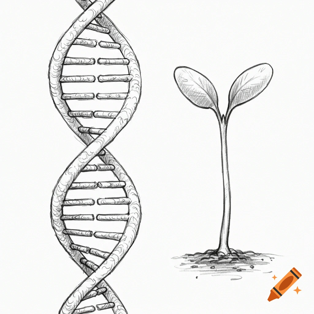 Pencil sketch of a DNA double helix next to a plant sprout on a white background.
