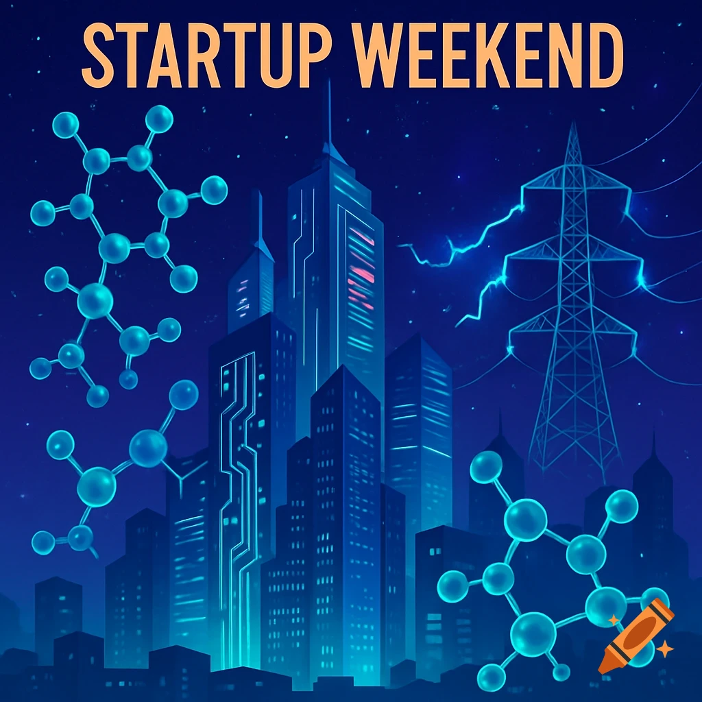Futuristic blue city skyline with glowing buildings, molecular structures, electrical tower, and 'STARTUP WEEKEND' text.