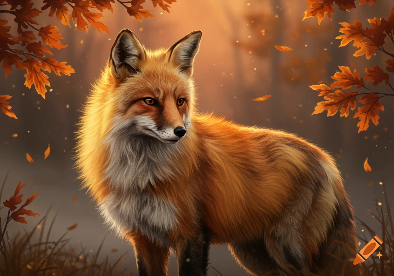 A fluffy red fox stands in an autumn forest with glowing orange leaves and warm light.
