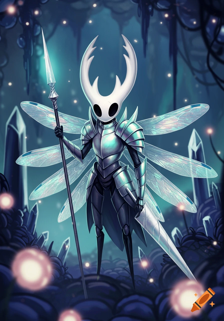 A tall, slender insectoid knight with white mask, shimmering armor, and large dragonfly wings holds a lance and sword in a dark, glowing crystalline cavern.