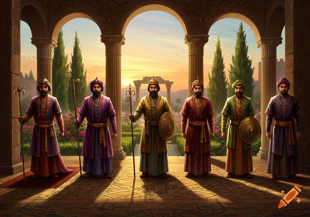 Six regal men in colorful traditional attire stand under ornate arches, with a garden and ruins at sunset in the background.