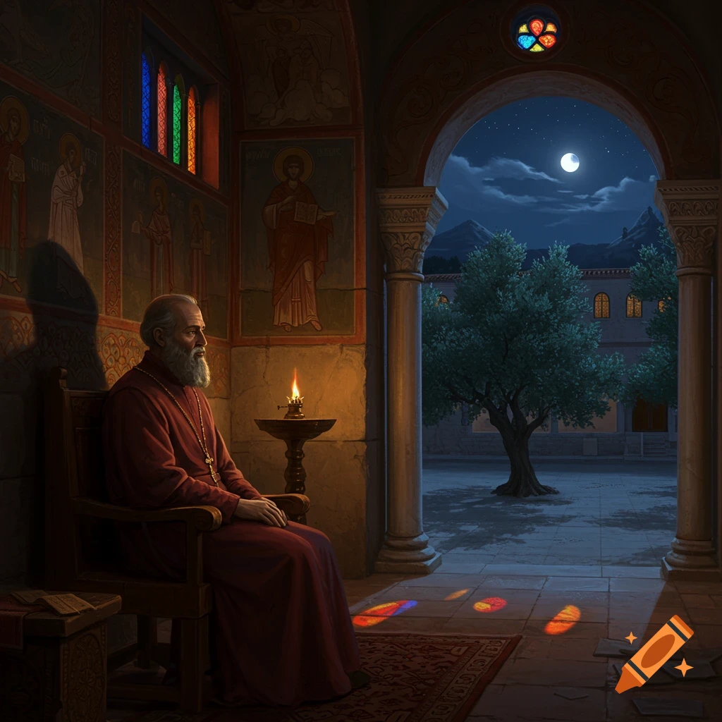 An older man with a beard, dressed in red robes, sits in a candlelit monastery interior at night, with murals on the walls and an archway opening to a moonlit courtyard.