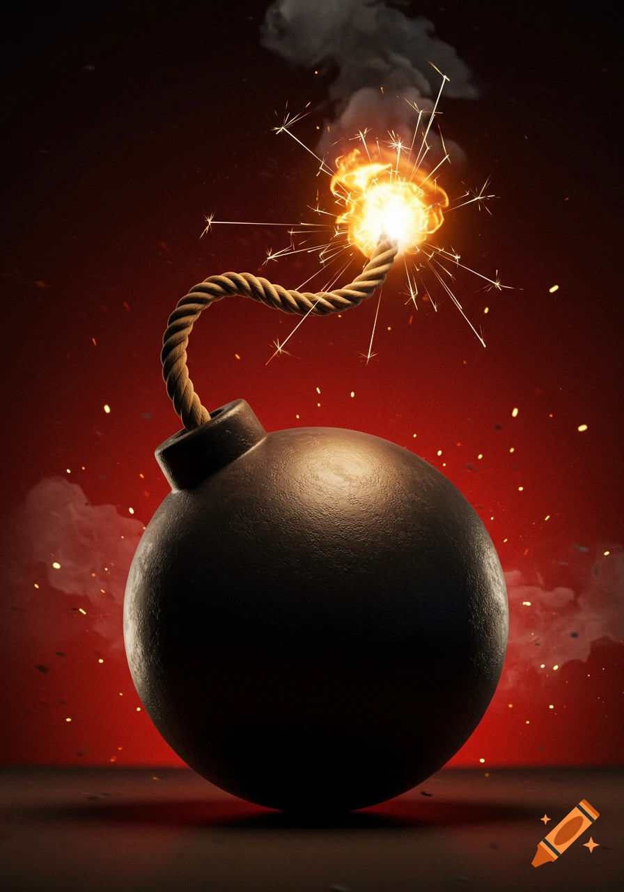 A classic black spherical bomb with a lit fuse sparking brightly, against a dark red background with smoke and embers.