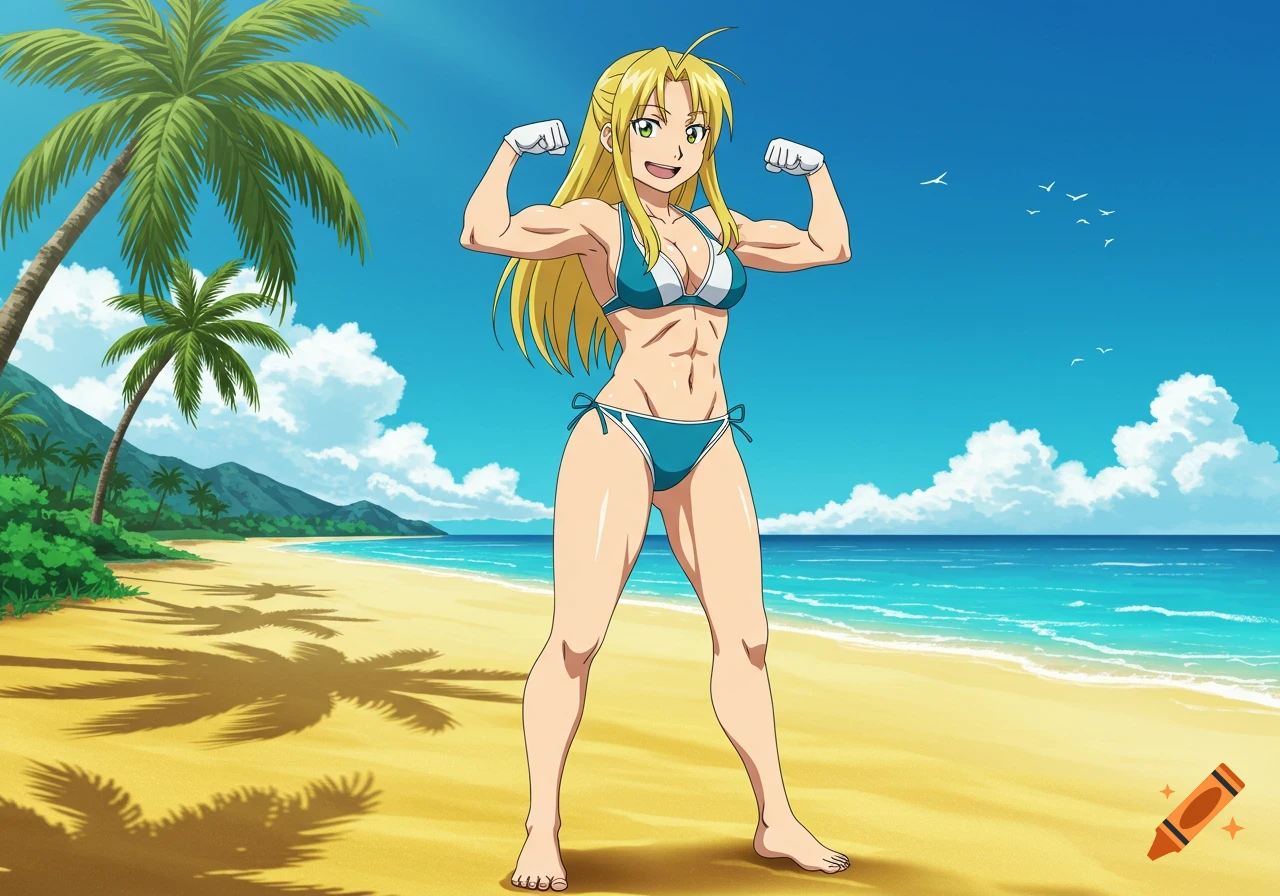 Muscular anime character Winry Rockbell flexing her biceps on a sunny beach.