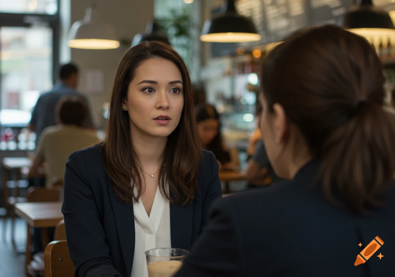 A young woman in a cafe, wearing a dark blazer and white shirt, looks intently at another person from behind in a candid shot.