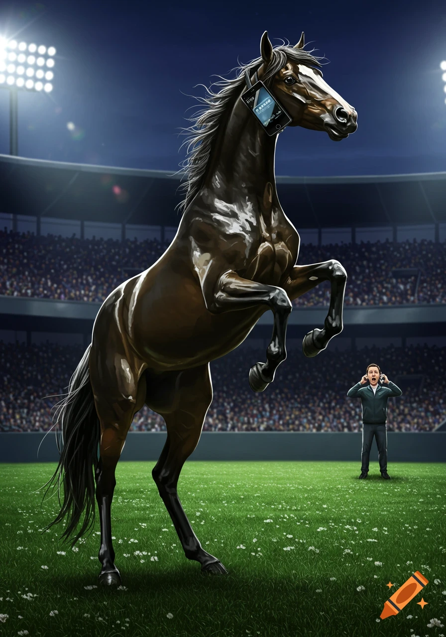 Illustrated brown horse with a phone to its ear, rearing on a football field with a shocked man on a phone in the background.