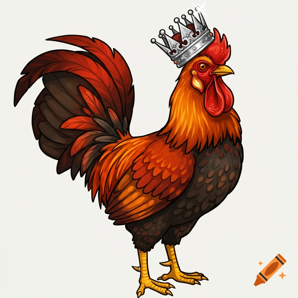A vibrant cartoon rooster with red and orange feathers wears a shiny silver crown, standing on a light background.