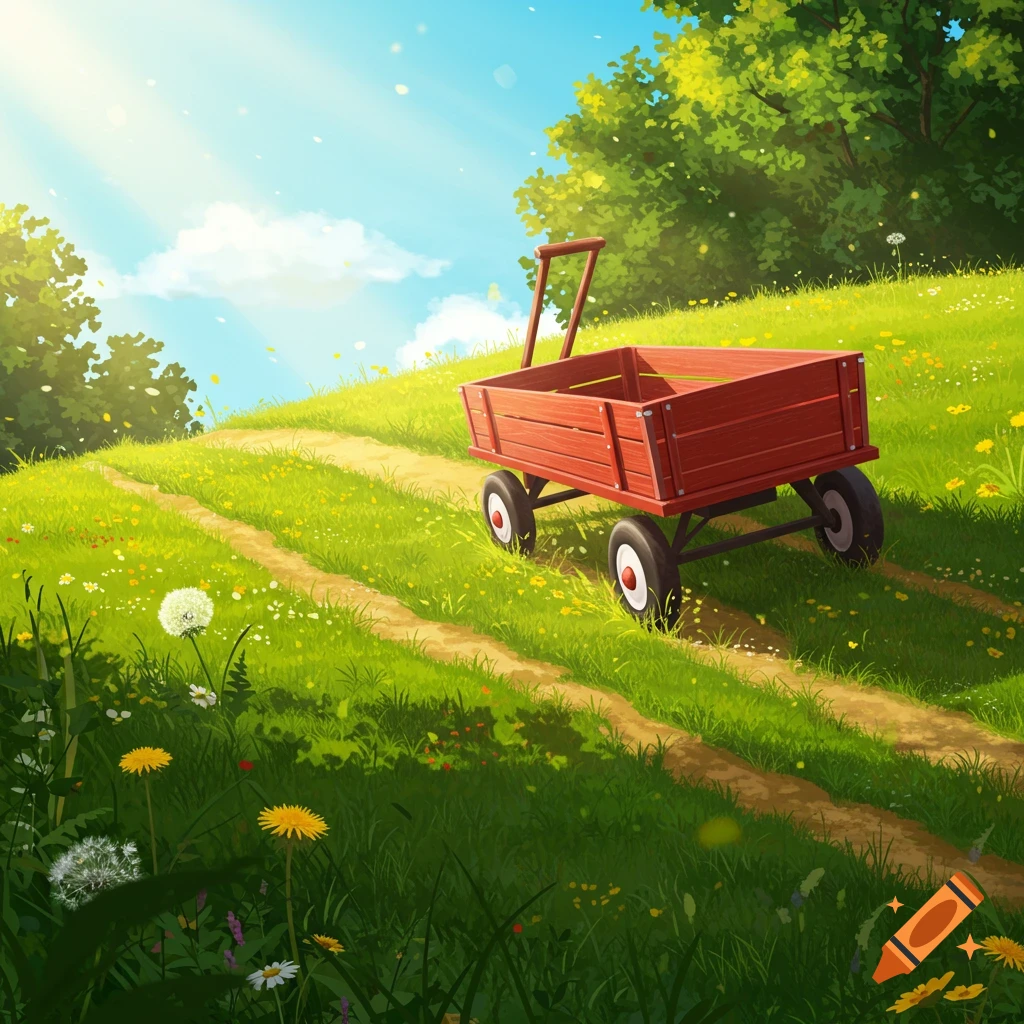 Vibrant illustration of a red wagon on a winding dirt path leading up a grassy hill with flowers and trees under a sunny blue sky.