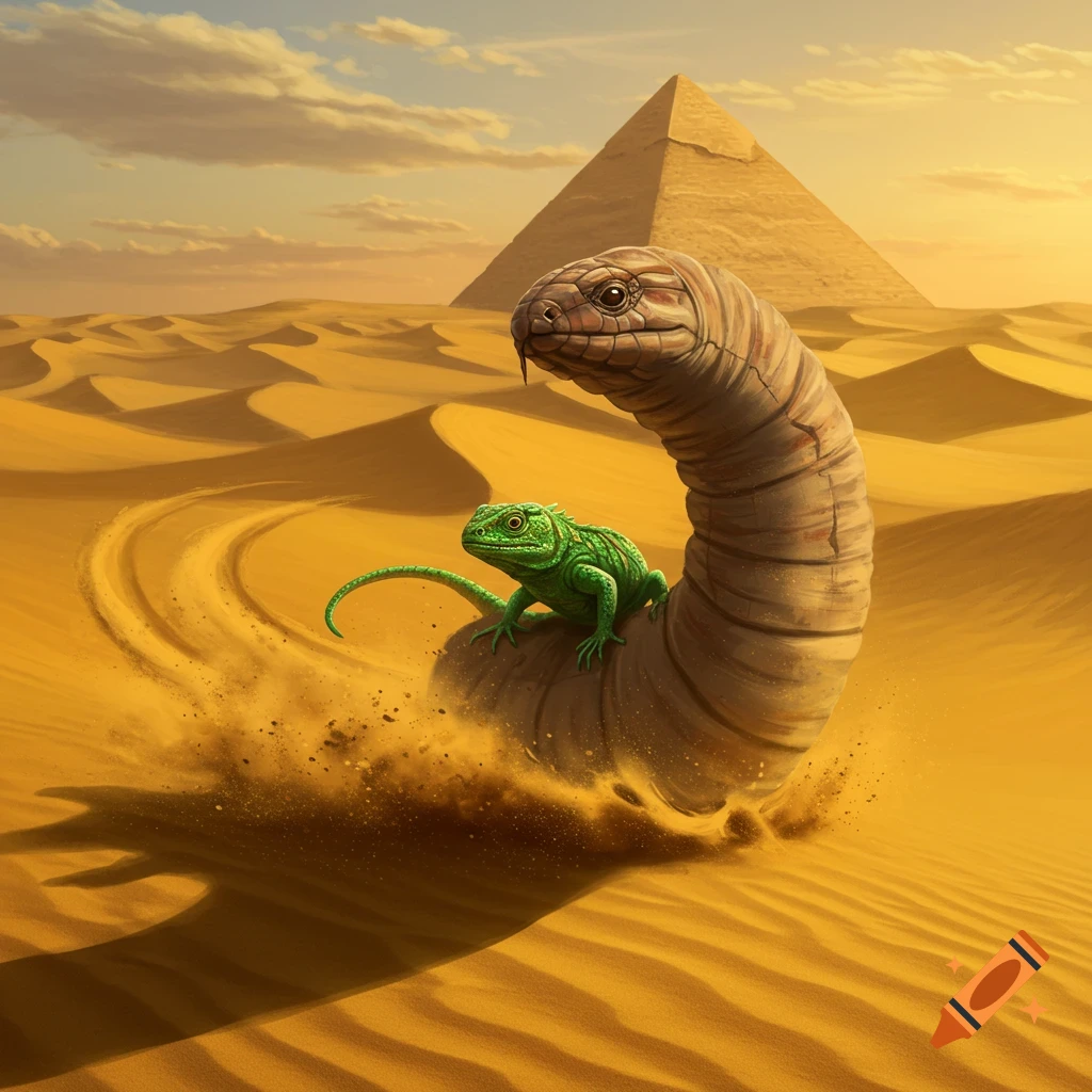 A green lizard rides a giant sandworm through a desert with a pyramid in the background at sunset, fantasy art.
