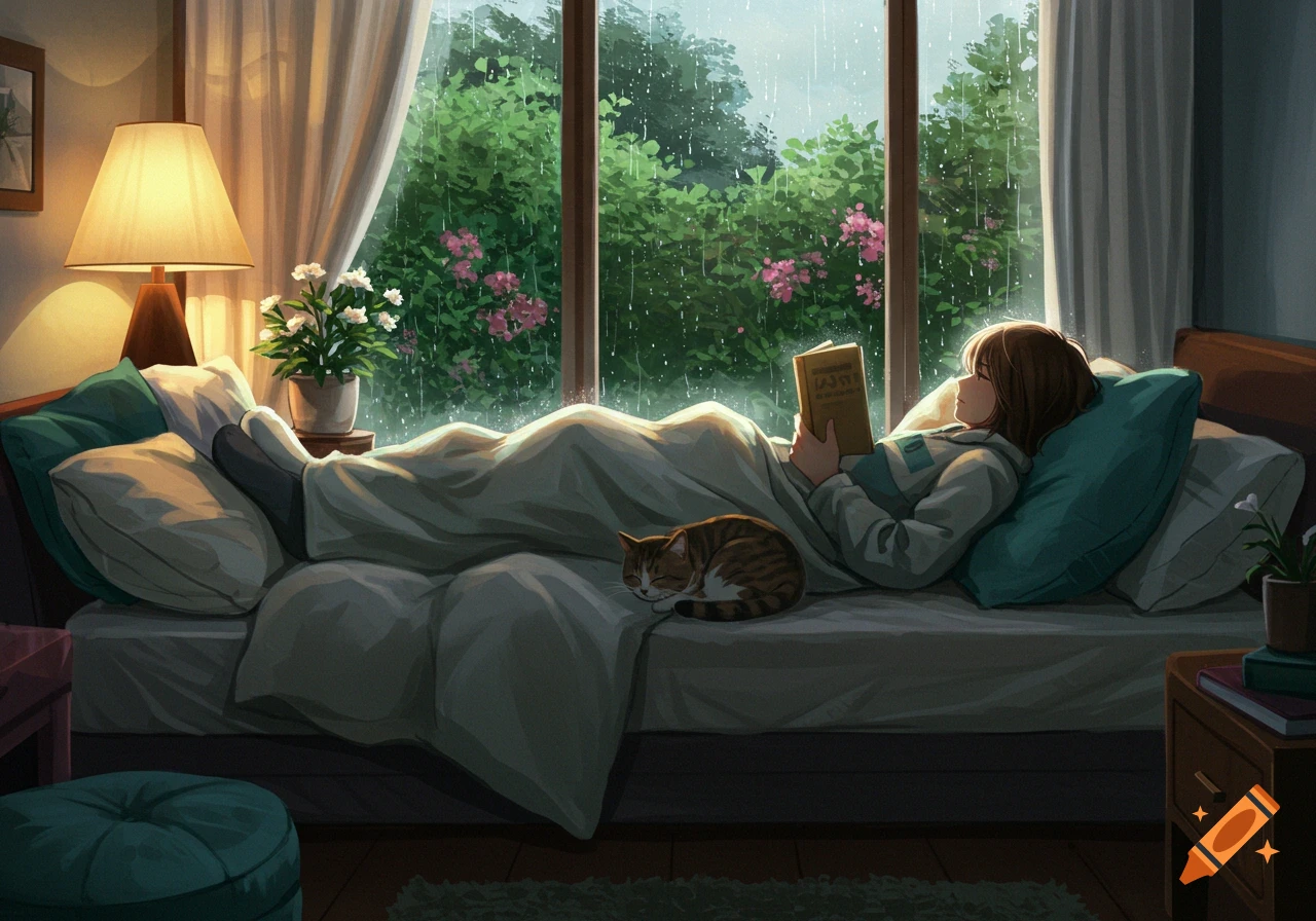 An anime-style illustration of a person reading a book in bed with a sleeping cat, as rain falls outside a large window.
