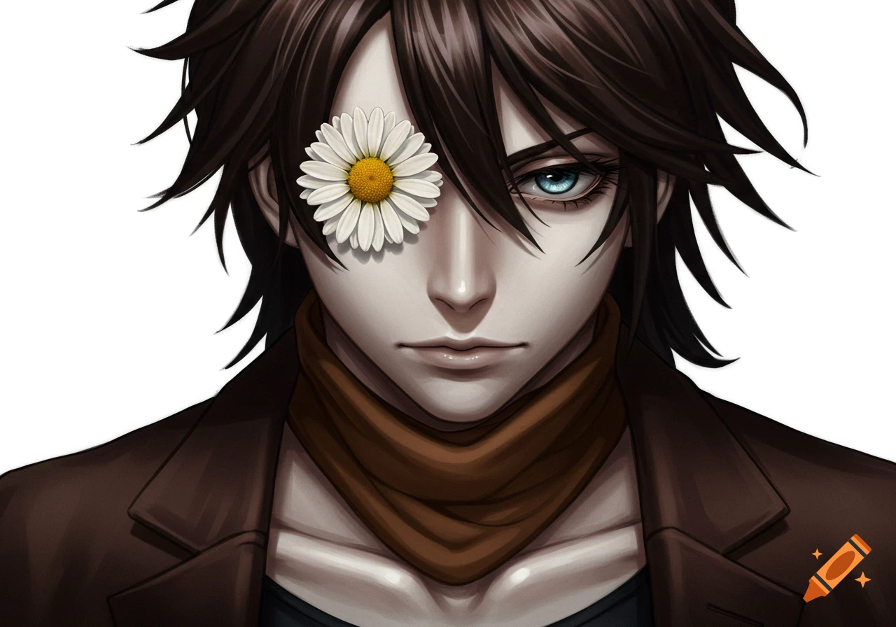 Anime portrait of a person with dark hair, pale skin, a daisy covering the left eye, and a blue right eye, wearing a brown jacket and scarf.