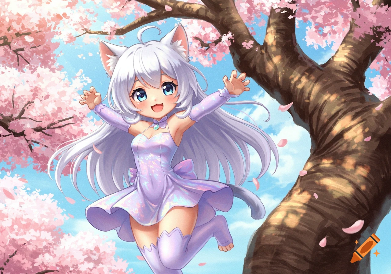An adorable anime cat girl with white hair and blue eyes jumps happily under a cherry blossom tree.