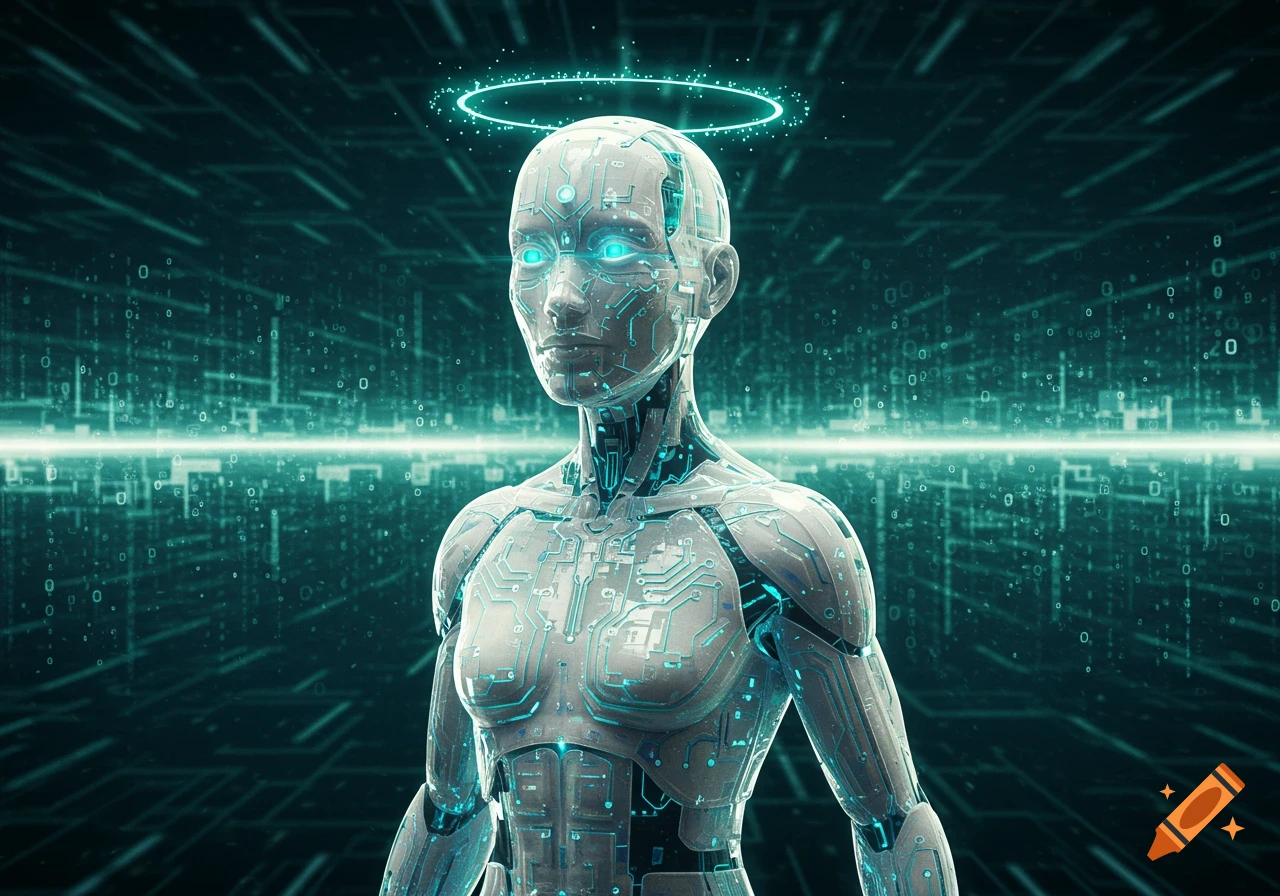 A futuristic humanoid robot with glowing blue eyes and intricate circuit patterns on its body, against a dark digital background with a glowing halo.