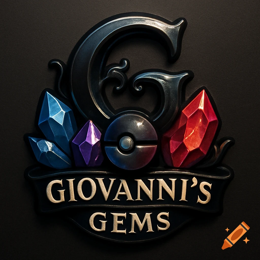 Dark stylized logo featuring a large 'G', a Poke Ball, and colorful faceted gems. Text reads 'GIOVANNI'S GEMS'.