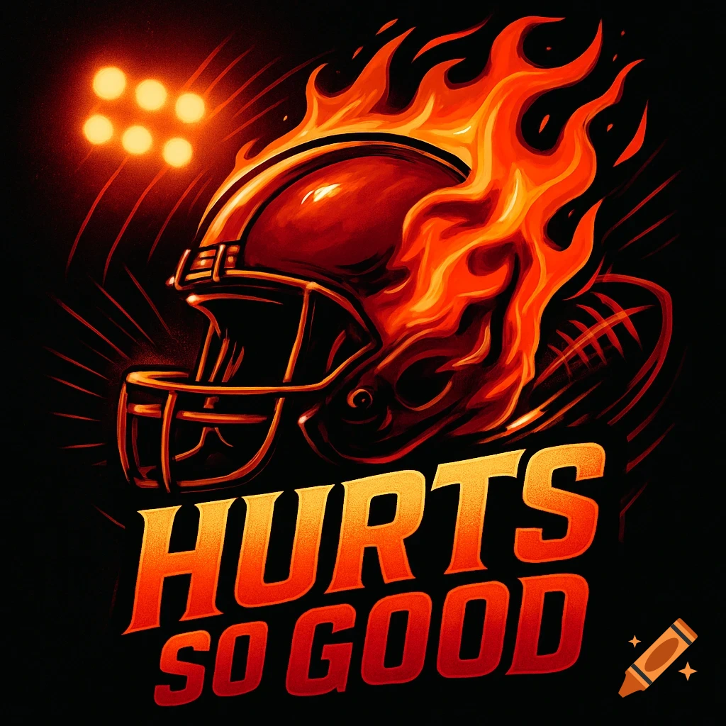 A bold, flaming football helmet and a football with the text 'HURTS SO GOOD' in a stylized illustration.