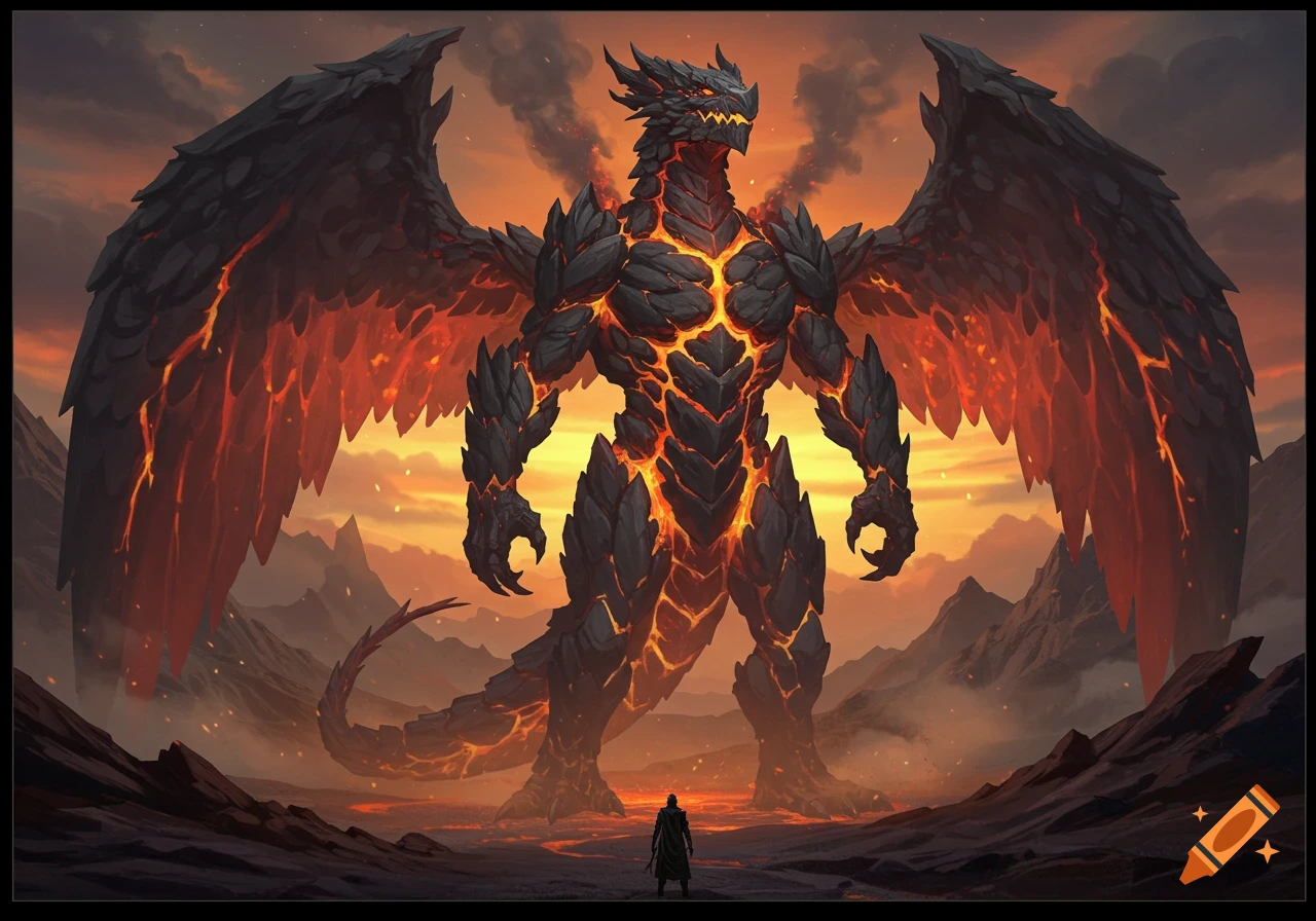 Massive lava and rock dragon with wings standing before a tiny human in a desolate, fiery landscape at sunset.