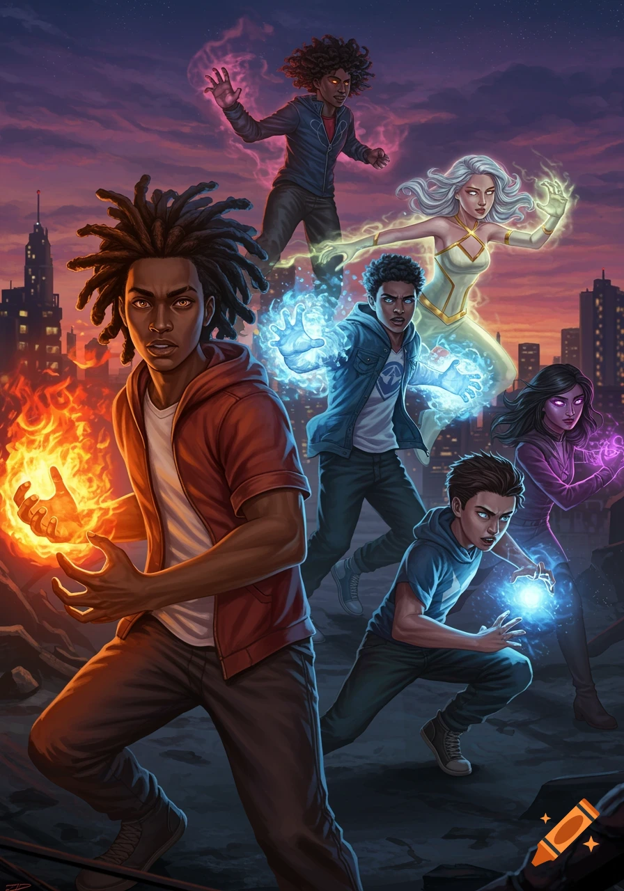 Diverse group of teenage superheroes with glowing elemental powers, including fire and ice, pose heroically in a ruined city at dusk.