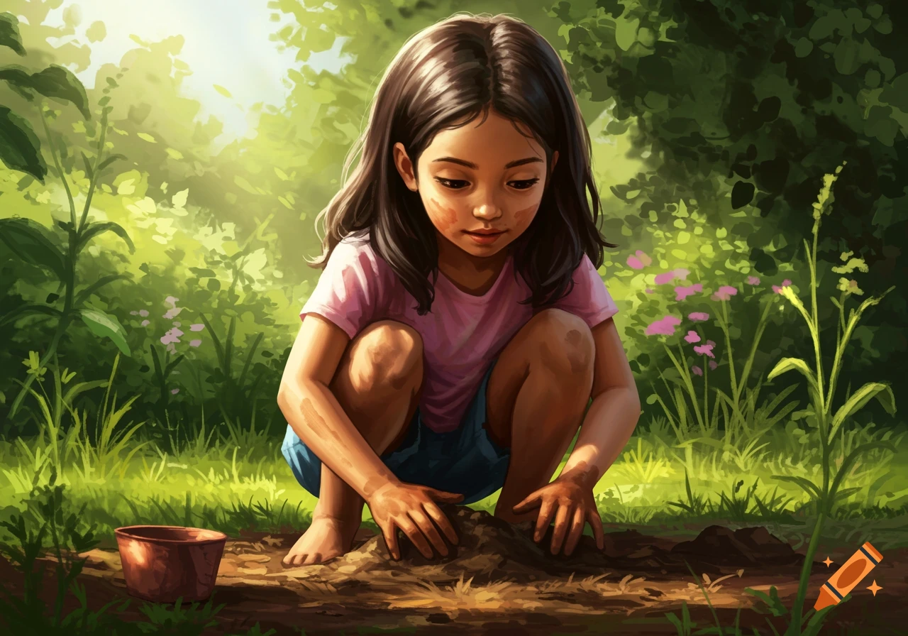 A young girl with dark hair and light brown skin crouches, playing in the dirt amidst green foliage and dappled sunlight, in an illustration style.