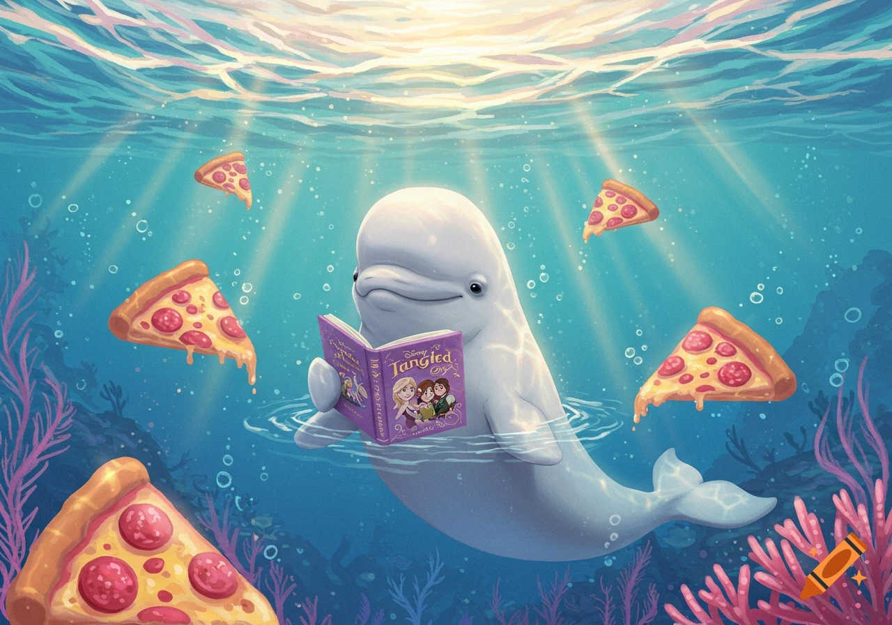 A cute beluga whale floats underwater, reading a book titled 'Tangled', surrounded by floating slices of pepperoni pizza.