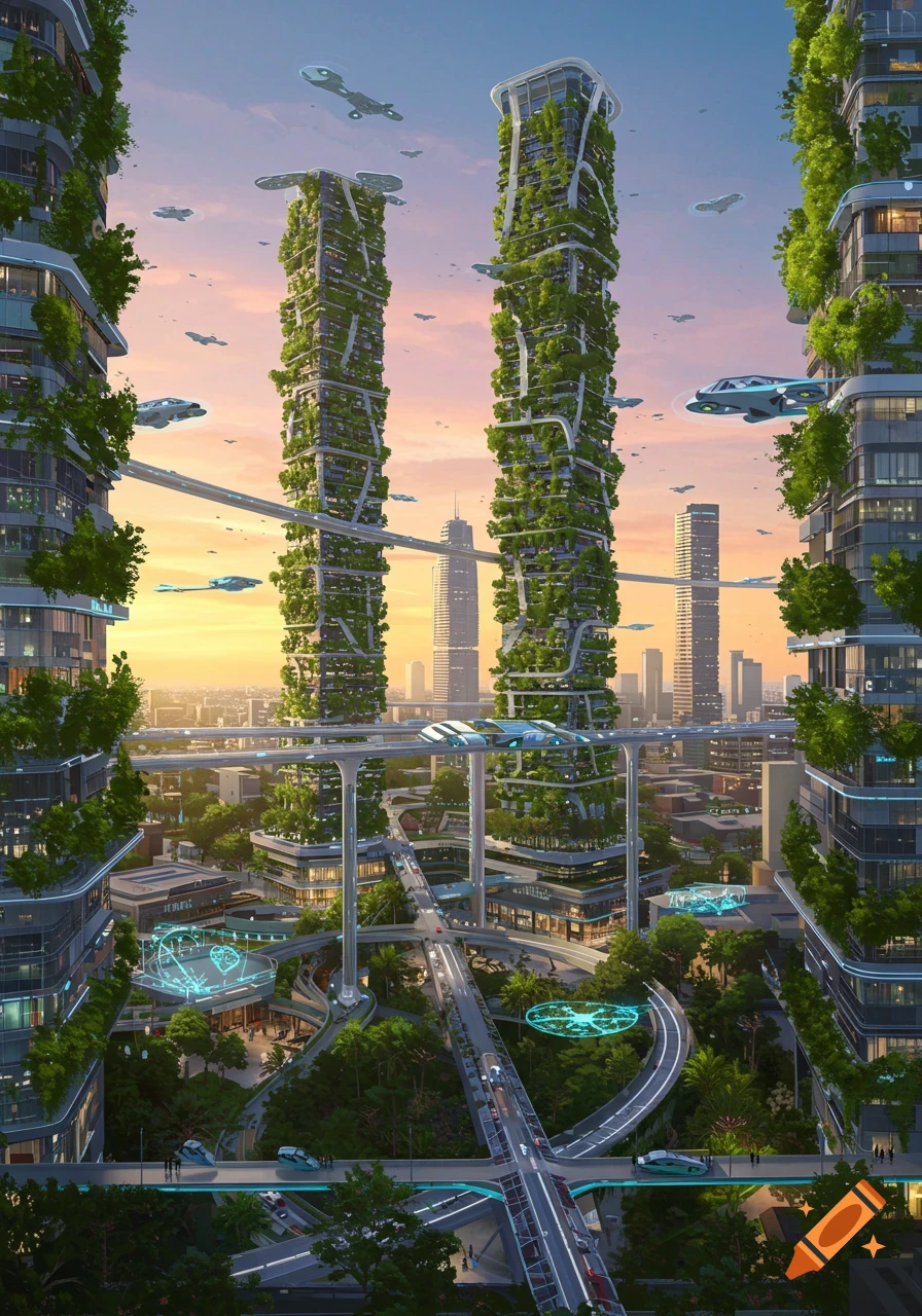 A vibrant, futuristic cityscape with tall, plant-covered skyscrapers connected by elevated roads and flying vehicles under a warm sunset sky.