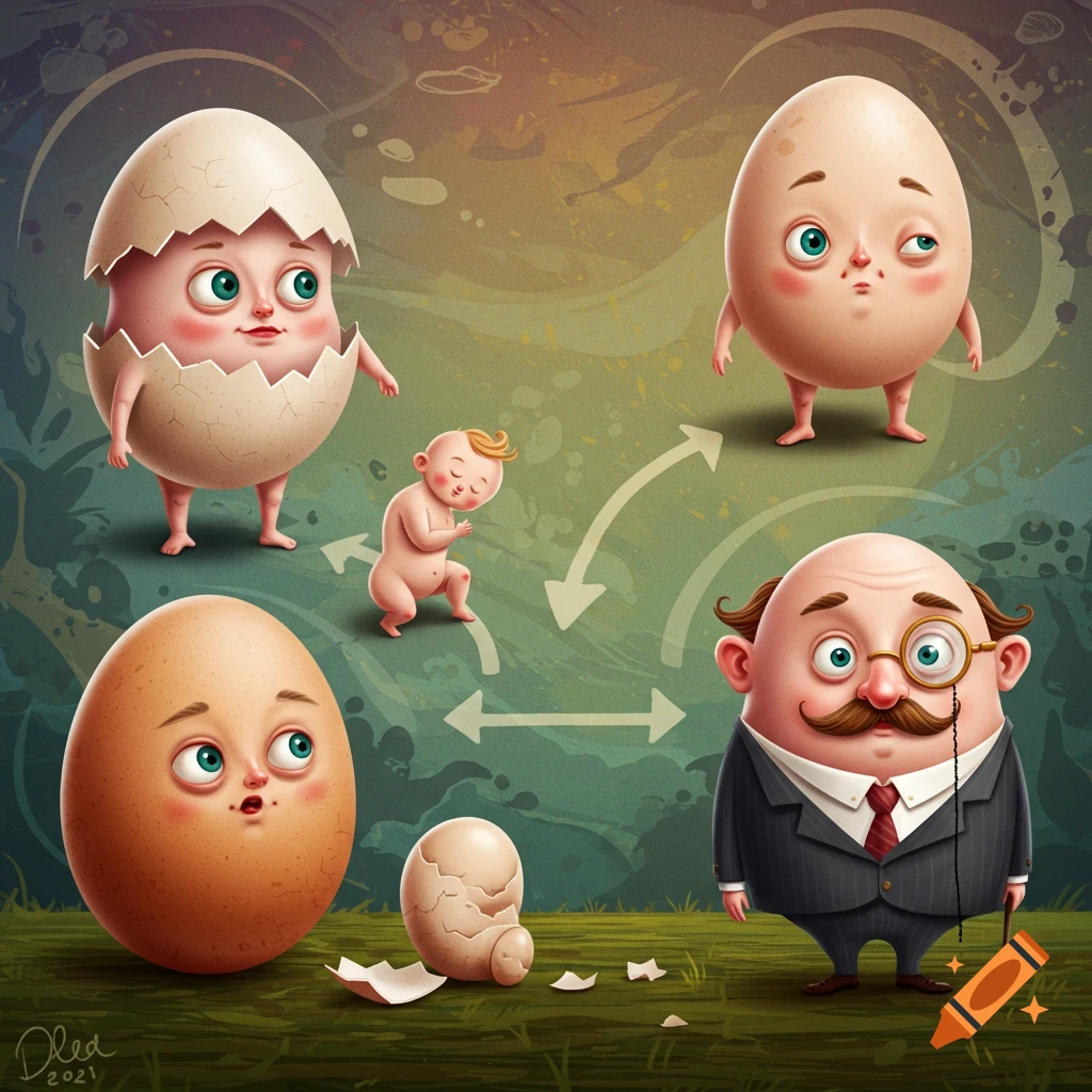 Whimsical illustration of an anthropomorphic egg's life cycle, from an egg with a face to a baby to a mustachioed man in a suit.