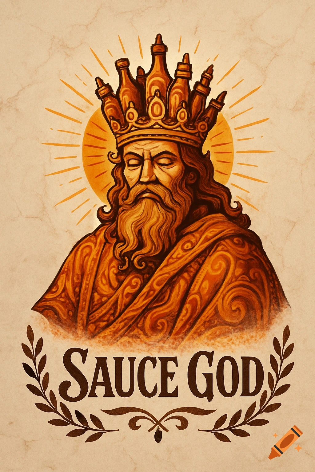 Stylized illustration of a bearded king-like figure wearing a crown of sauce bottles, with 'SAUCE GOD' text. Vintage poster style.