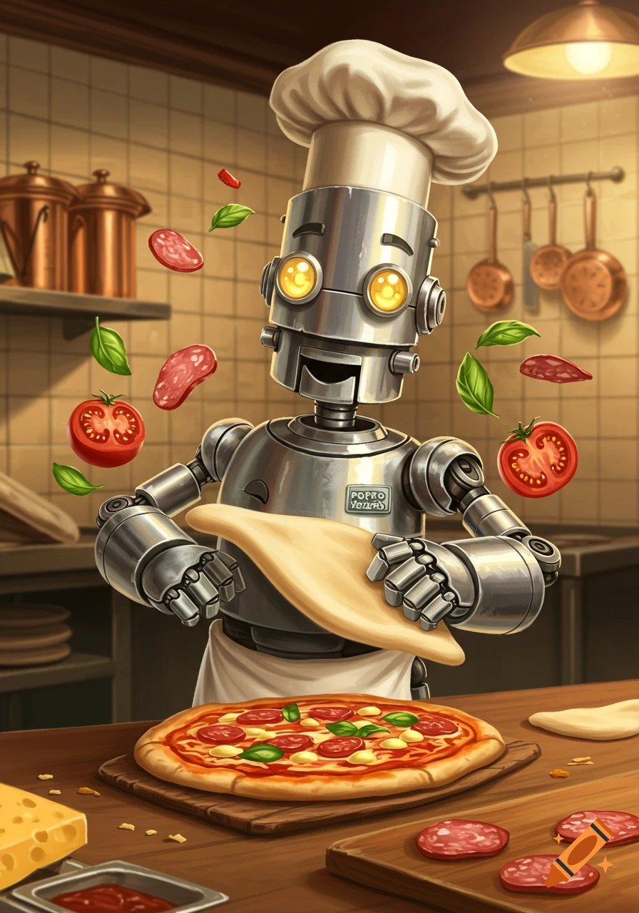 A friendly robot chef in a white toque and apron prepares a pizza in a rustic kitchen, tossing dough and surrounded by ingredients.