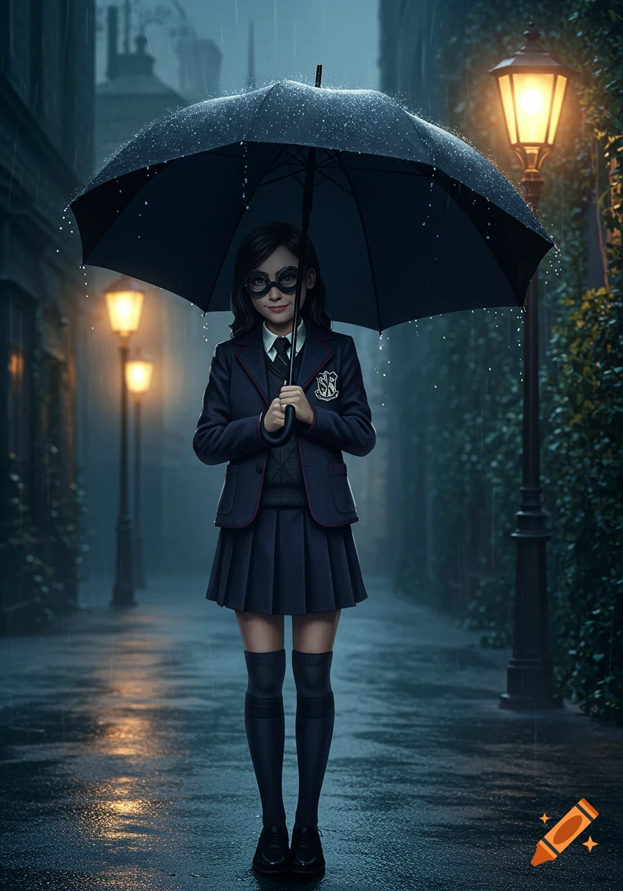 A girl in a dark school uniform and round goggles holds a black umbrella while smirking on a rainy street at night.