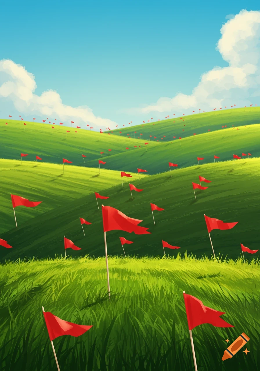 Rolling green hills covered in numerous small red flags under a blue sky with white clouds, in an illustrative style.