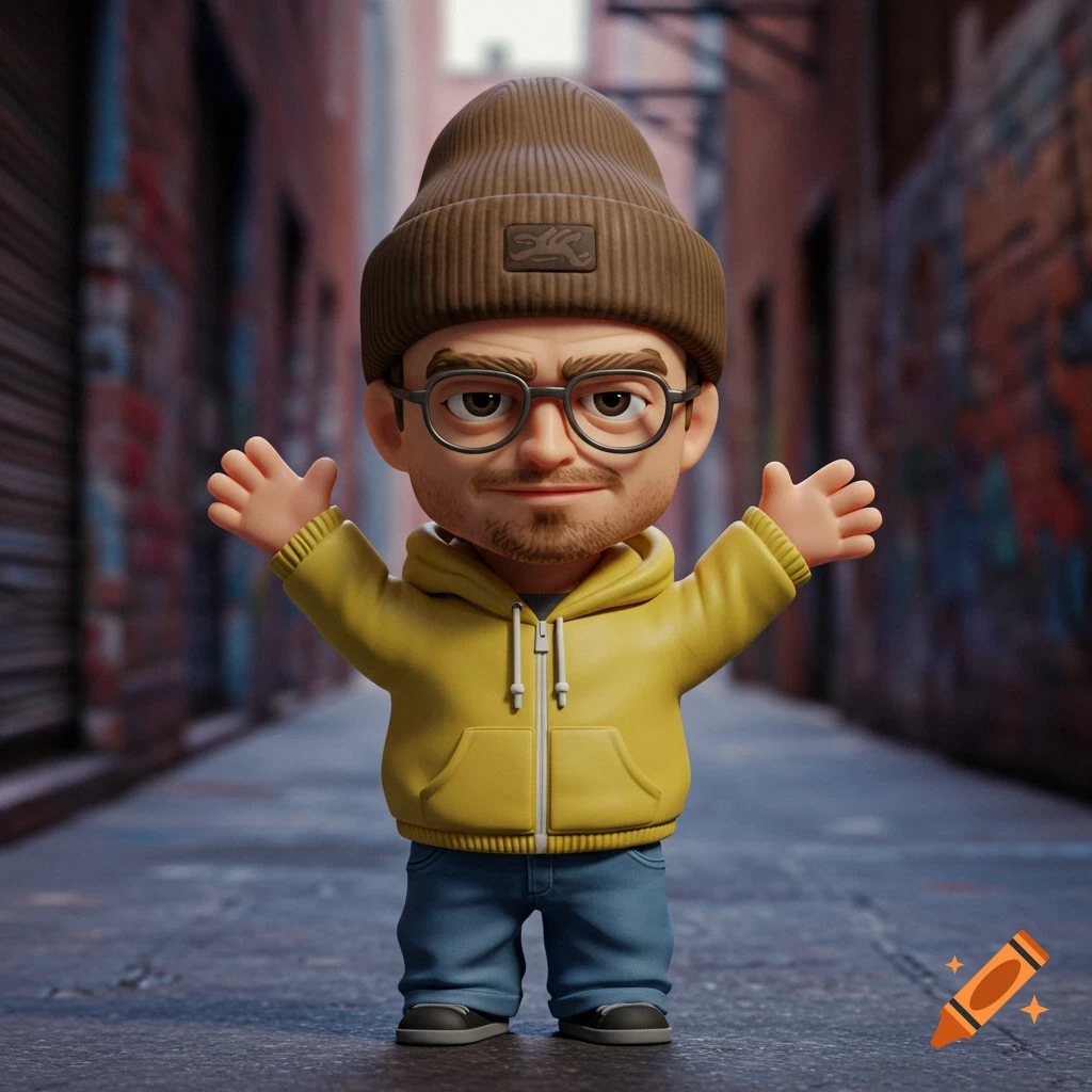 A cute, stylized 3D render of a character resembling Jesse Pinkman from Breaking Bad, wearing a yellow hoodie, jeans, and a brown beanie, standing in a graffiti-covered alley with arms outstretched.