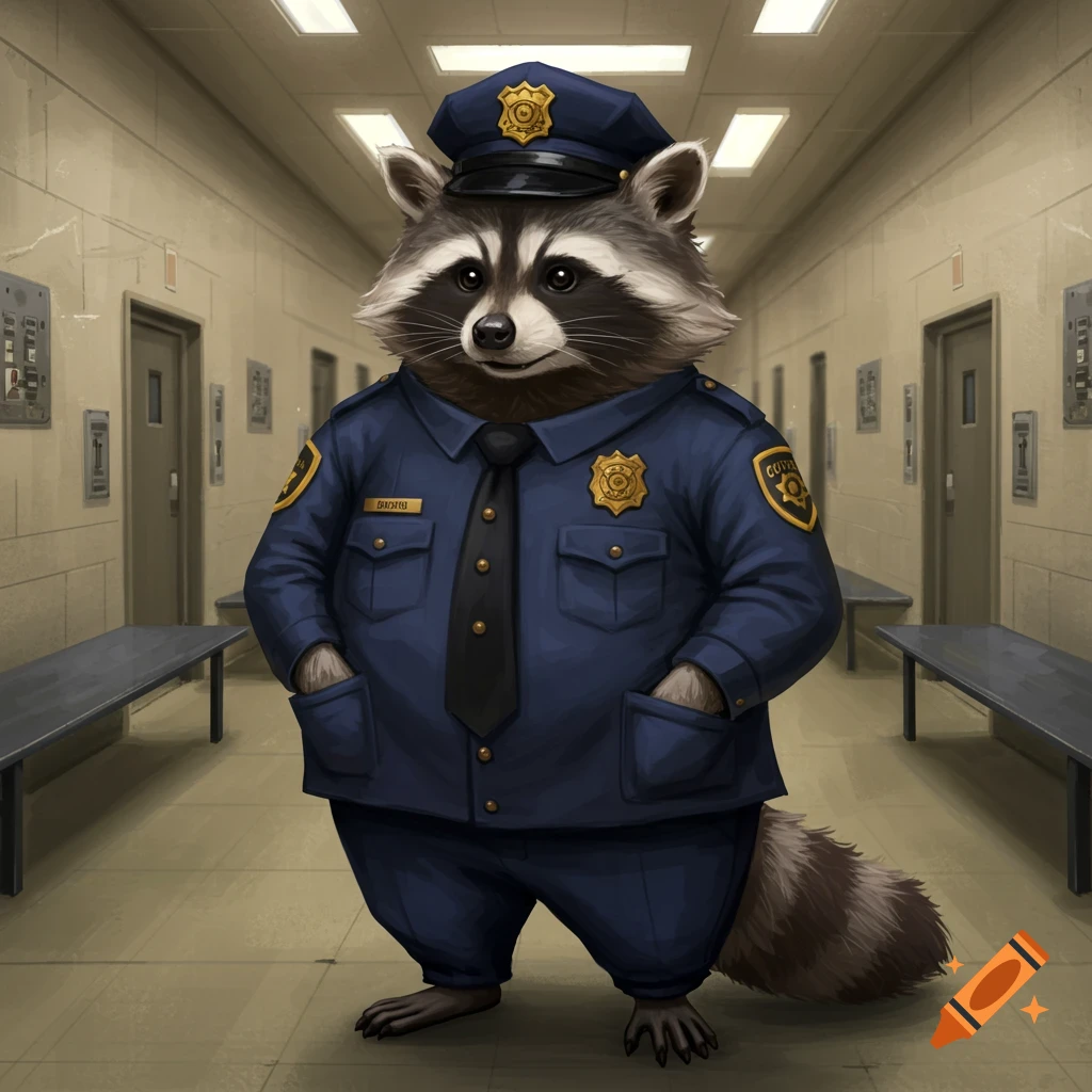 An anthropomorphic raccoon in a dark blue corrections officer uniform and hat, standing in a prison hallway. The style is illustrative.