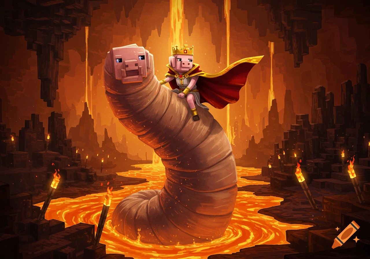 A Minecraft-style piglin queen in a crown and red cape rides a large segmented worm through a fiery nether cave with lava and torches.