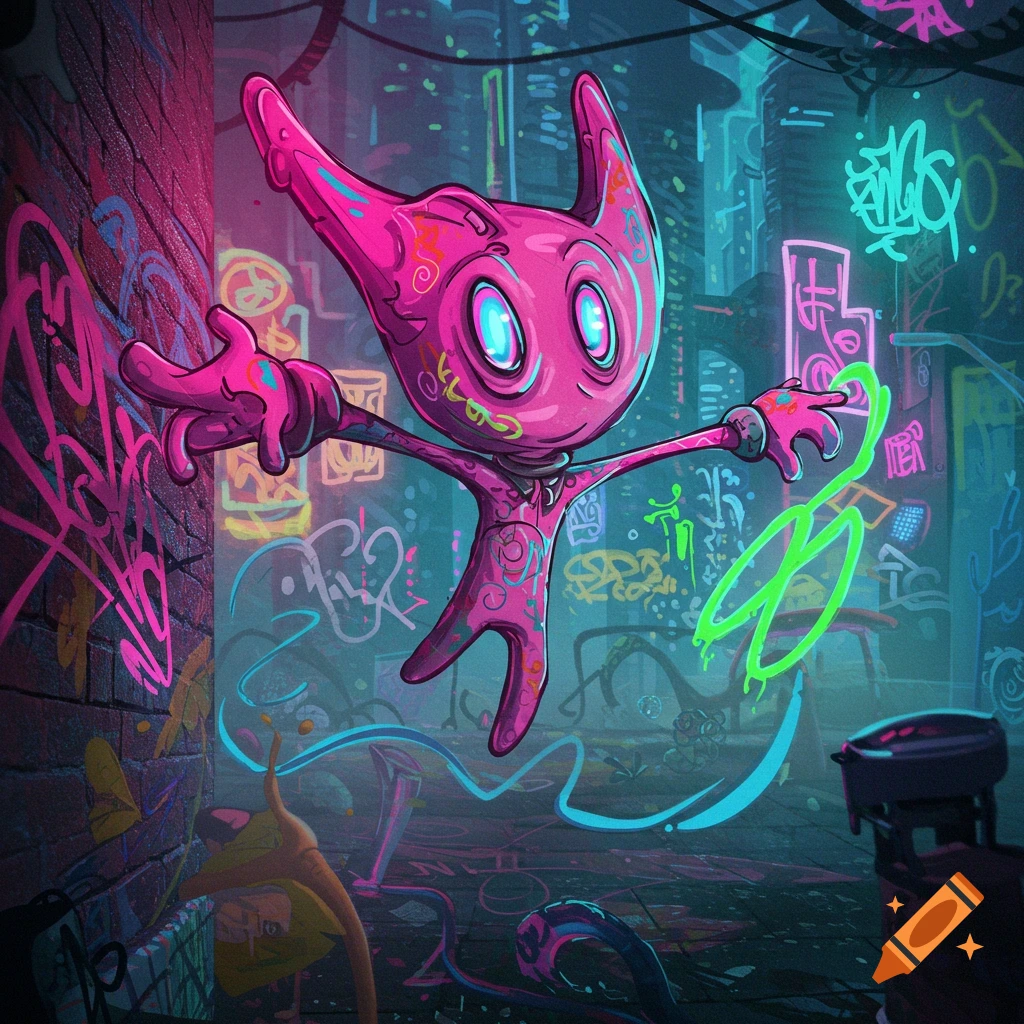 A pink, cat-eared alien-like creature with glowing eyes floats in a neon-lit, cyberpunk alleyway covered in colorful graffiti.