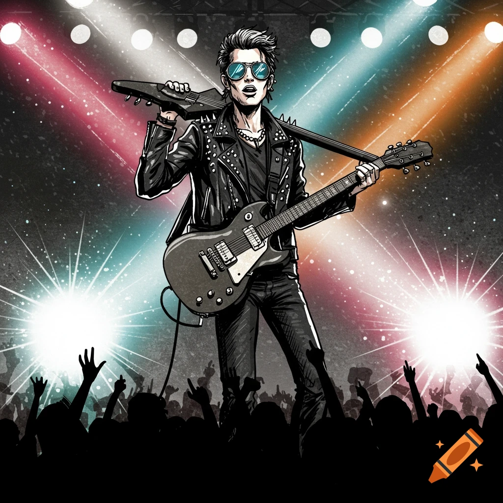 Illustrated rock star with sunglasses and electric guitar on stage, bathed in spotlights, with a silhouetted crowd.